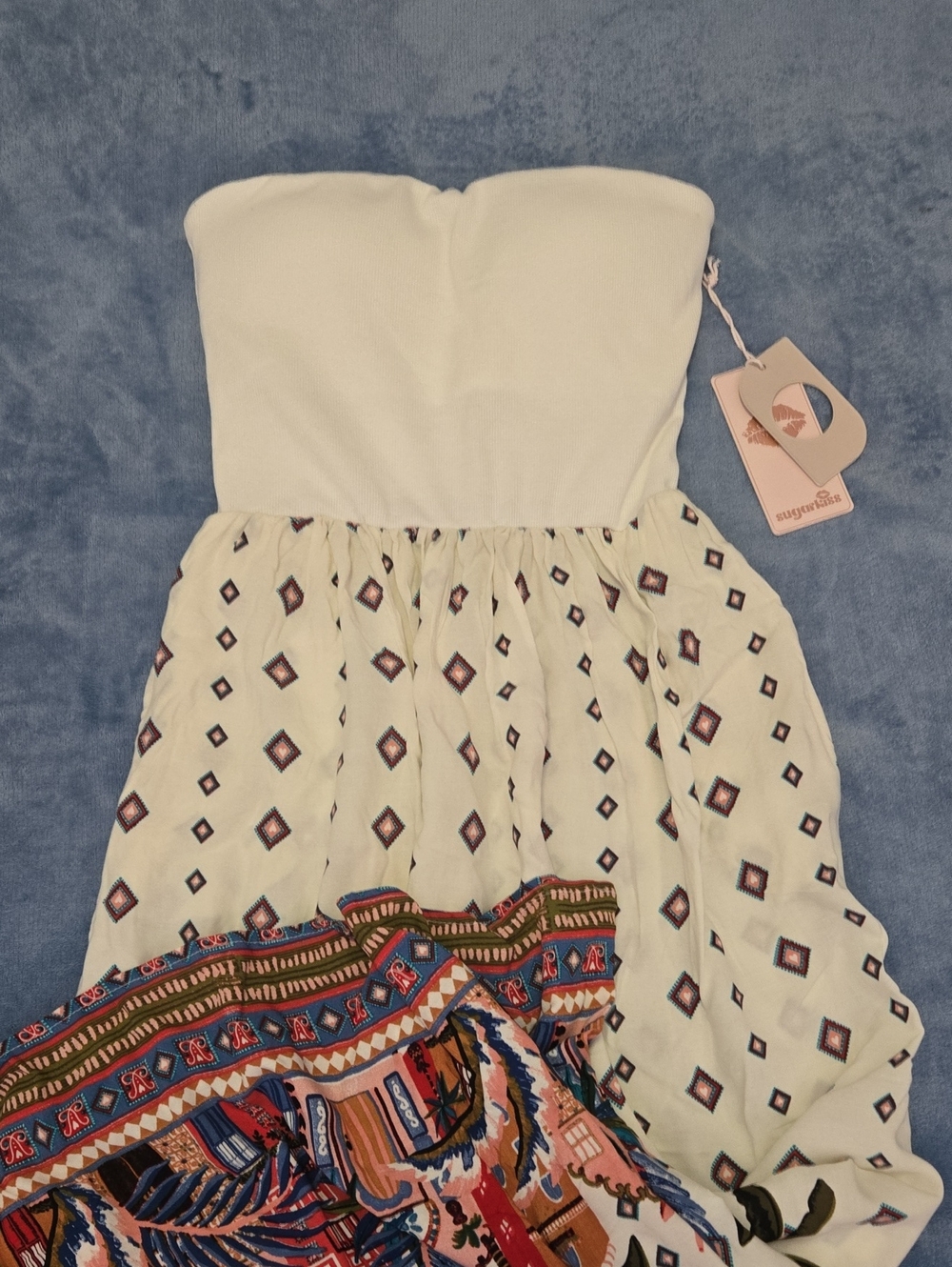 Strapless Ivory Boho Print Dress W Pockets And Lined Bust by SugarKiss